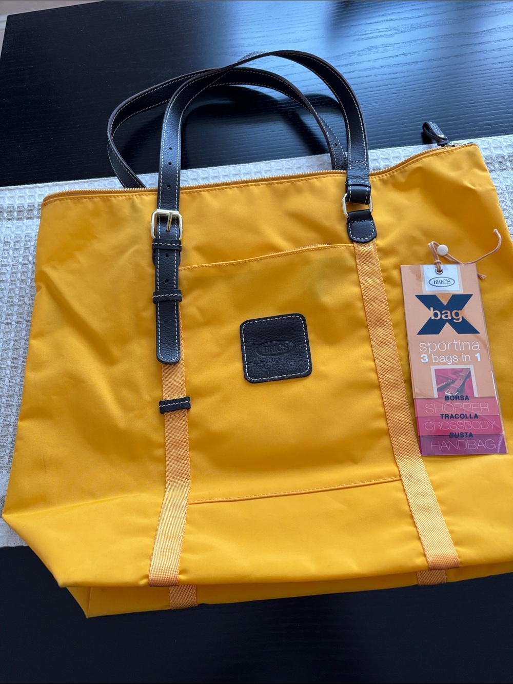 Bric's Yellow Nylon Tote with brown Leather Trim